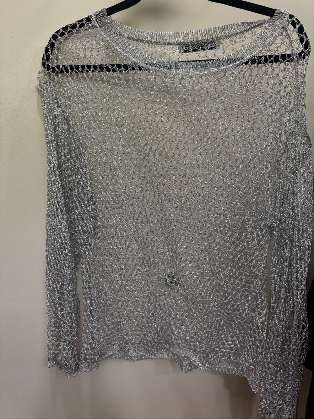 Zara Metallic Silver Open-Knit Top